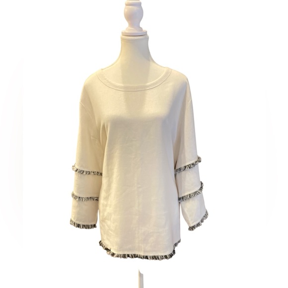 White Linen Blend Fringe Sleeve Top Boho Chic Blouse Cynthia Rowley Women’s 1X - Picture 2 of 11